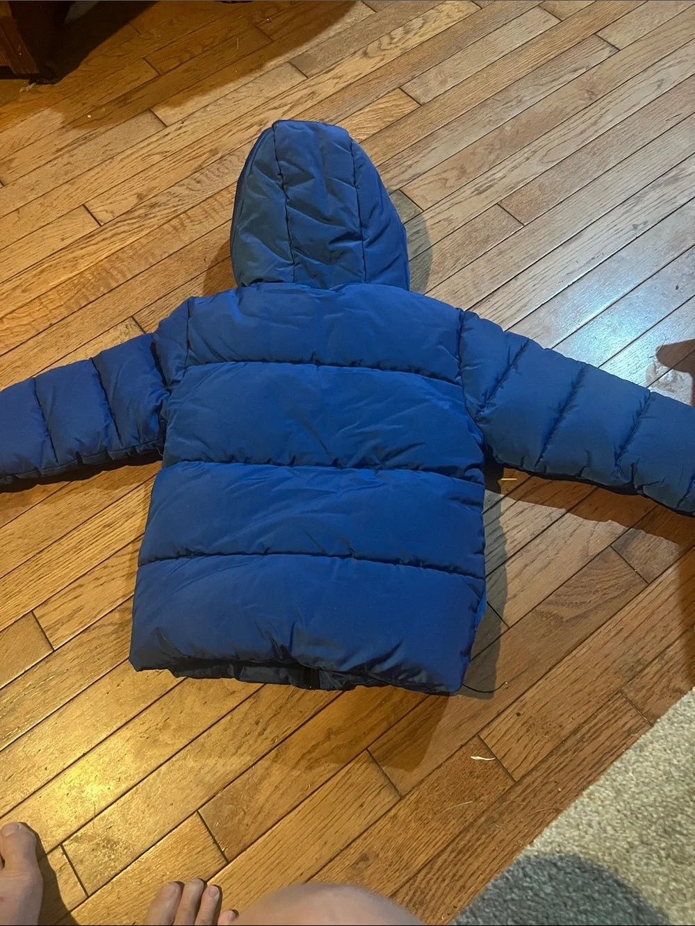 This is a blue Reebok toddler puffer jacket featuring a cozy hooded design 4/5